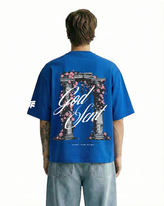 "God Sent" Pillars Oversized Graphic Tee – Cobalt Blue
